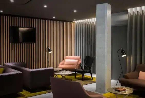Coin salon avec canapé, fauteuil et télévision hotel okko