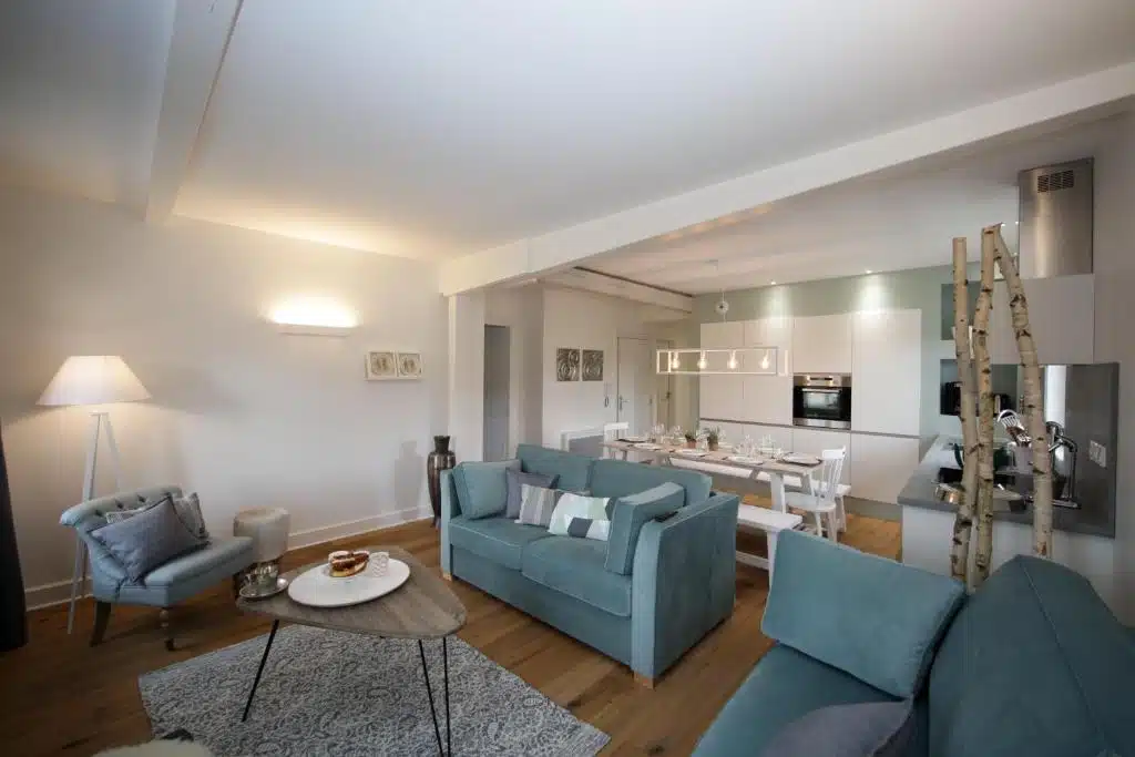 Salon avec cuisine ouverte dans un appartement de la maison Reflets sur la Lauch en location de vacances à Colmar