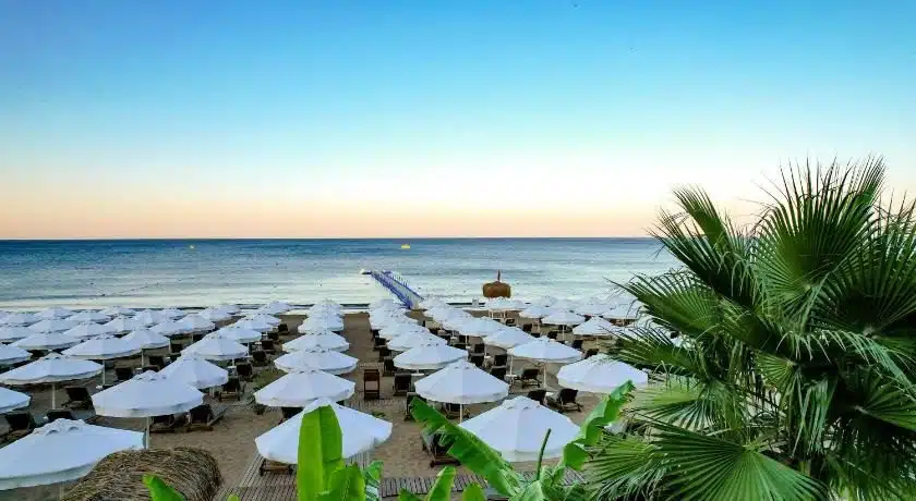 plage privée de l'hôtel avec transat et parasol