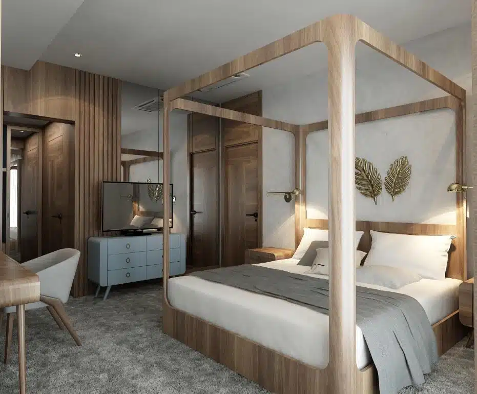 une chambre moderne et cosy dans une des villas individuelles de l'hôtel avec sauna et piscine privée